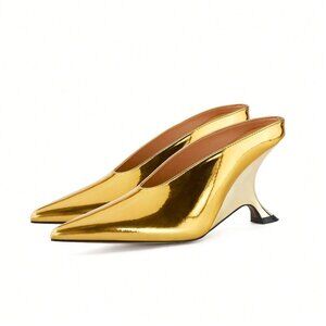 Gold Preppy Women's Heeled Metallic Mules
